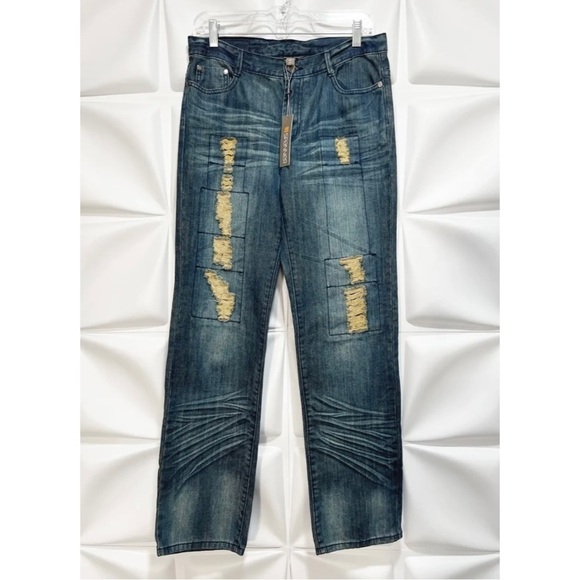 Spanner Sz 6 Distressed Dark Indigo Denim Blue Jeans Pieced Panel Patch NWT - Picture 1 of 6